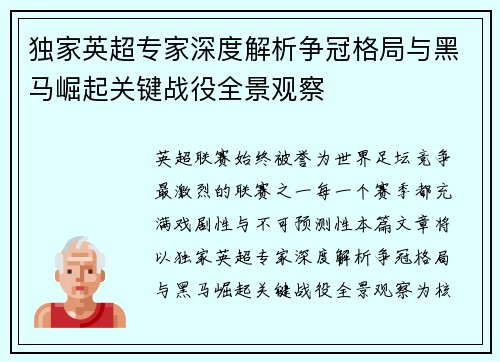 独家英超专家深度解析争冠格局与黑马崛起关键战役全景观察