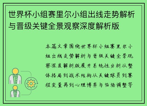 世界杯小组赛里尔小组出线走势解析与晋级关键全景观察深度解析版